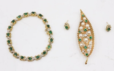 Yellow Gold Emerald Pearl & Diamond Leaf Brooch