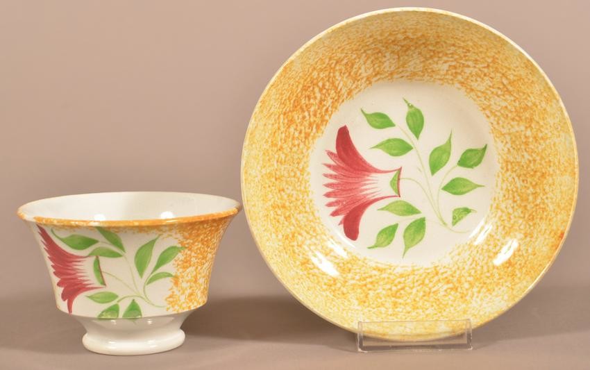 Yellow Spatter China Thistle Pattern Cup and Saucer.