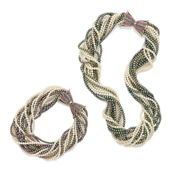 a Multi-color cultured pearl and gem-set torsade necklace and bracelet