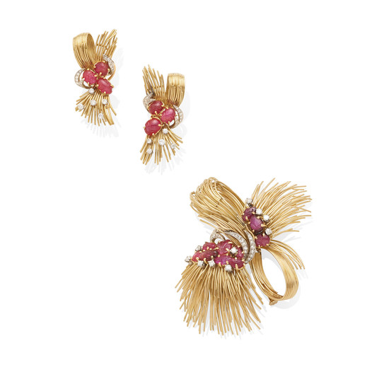 a gold, ruby and diamond brooch and ear clip set
