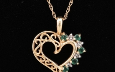 14K Yellow Gold Diamond and Emerald Heart Pendant Necklace