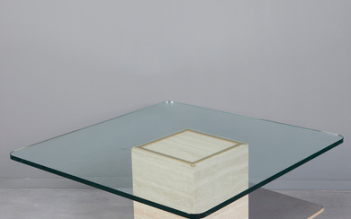 travertine table/coffee table, travertine, brass, glass.
