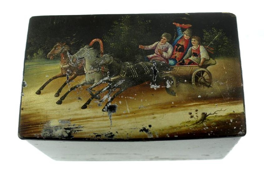 RUSSIAN LACQUER BOX THREE HORSES SLEIGH VINTAGE TROYKA