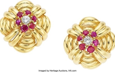 10025: Tiffany & Co. Diamond, Ruby, Gold Earrings Ston