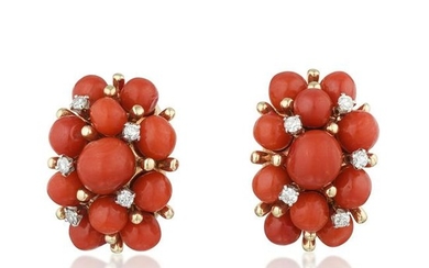A Pair of Coral and Diamond Earclips