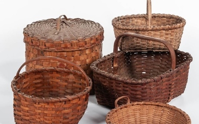 Five Woven Splint Baskets, late 19th/early 20th century, three with single bentwood handles, one with two bentwood handles, and a small