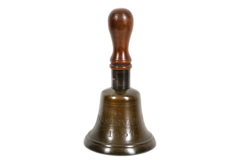 A 19TH CENTURY BRONZE HAND BELL FROM THE 1837...