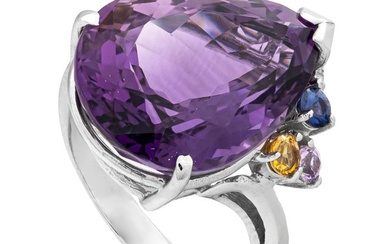 11.84 tcw Amethyst Ring - 14 kt. White gold - Ring - 11.48 ct Amethyst - 0.34 ct Sapphires + 0.02 ct Diamonds - No Reserve Price