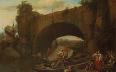 Nicolaes Pietersz. Berchem (Haarlem 1620-1683 Amsterdam), Figures under a bridge in an Italianate river landscape