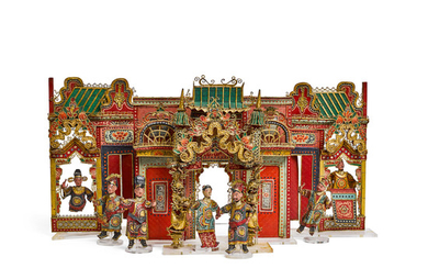 A set of Chinese bamboo woven opera figures and backgrounds