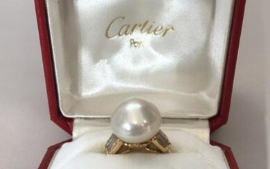 13mm Cultured White Pearl and Diamond Gold Ring