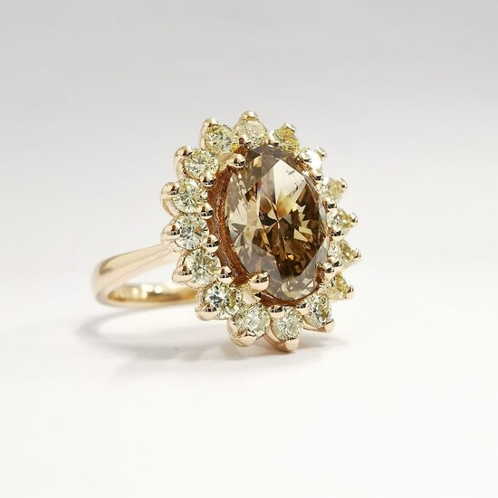 14 kt. Pink gold - Ring - 3.30 ct Diamond - AIG No Reserve vvs2 fancy yellow & orangy brown