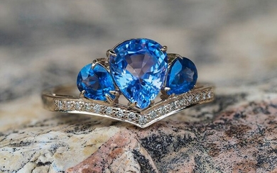 14 kt. White gold - Ring - 2.96 ct Sapphire - Diamonds