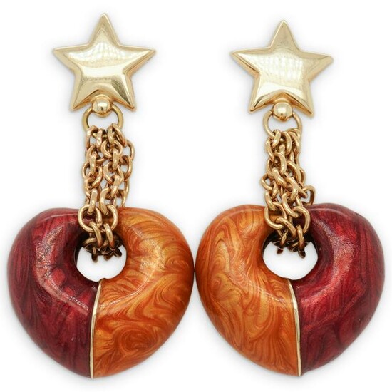 14k Gold and Enamel Wood Heart Earrings