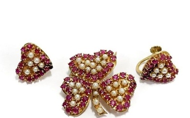 14k Yellow Gold Pink Sapphire Brooch and Earrings