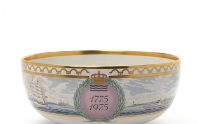 Jubilee porcelain bowl, decorated in colours and gold with the Port of Copenhagen 1775–1975. 1585/2500. Royal Copenhagen. H. 15 cm. Diam 33.5 cm.