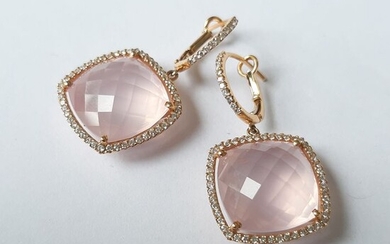 18 kt. Gold - Earrings - 0.71 ct Rose Quartz - Diamond