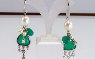 18 kt. White gold - Earrings - Diamonds, Pearls, Green agate