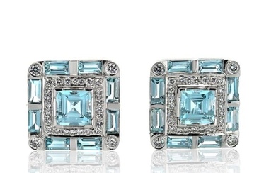 18K White Gold Diamond And Aquamarine Earrings