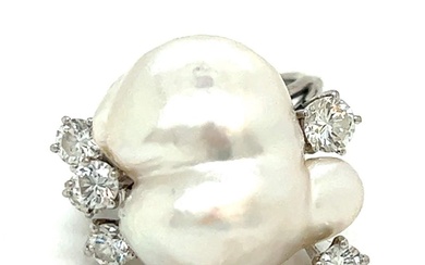 18K White Gold Diamond & South Sea Pearl Ring