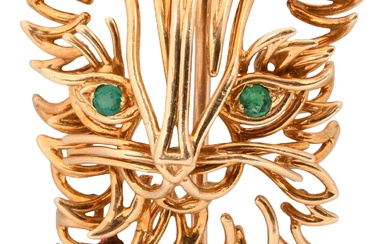 18K YELLOW GOLD AND EMERALD ABSTRACTED CAT BROOCH