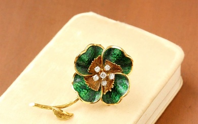 18k Vintage Enamel & Diamond Flower Pin