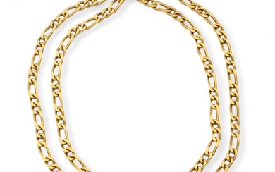 18k Yellow Gold Necklace, Figaro Style Chain, W 0.25" L 36" 90g