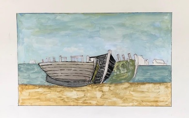 1950's Modernist/ Cubist Painting - The Three Boats Watercolour Landscape 1950's