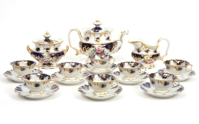 19Pc English Gilt Cobalt Porcelain Tea Set
