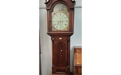 19TH CENTURY MAHOGANY GRANDFATHER CLOCK WITH PAINTED DIAL WI...