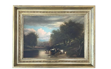 19th Century Cows in River Landscape Painting