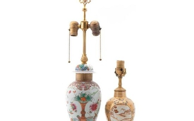 2 CHINESE URN TABLE LAMPS, FAMILLE ROSE & PEACH
