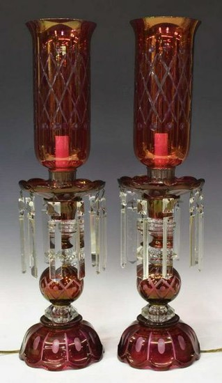 (2) CRANBERRY FLASH GLASS HURRICANE TABLE LAMPS