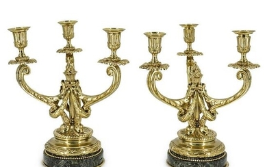 (2 Pc) French Brass & Marble Candelabras