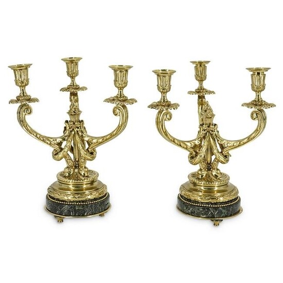 (2 Pc) French Brass & Marble Candelabras