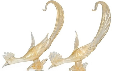 (2 Pc) Murano Art Glass Pheasant Bird Figurines