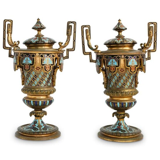 (2 Pcs) French Champleve Gilt Bronze Urns