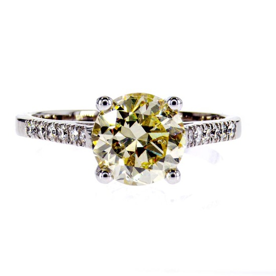 2.11 ct. t.w. Fancy Intense Yellow Round Diamond Ring - 14 kt. White gold - Ring - Clarity enhanced 2.01 ct Diamond - Diamonds