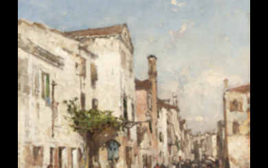 Eugenio Gignous ( Milano 1850 - Stresa 1906 ) , "Strada a Chioggia" olio su tela (cm 41.5x36) Firmato in basso a destra Al retro: timbro Esposizione: Gotha di Parma...