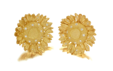 A pair of 18k gold and diamond sunflower earclips,, Asprey