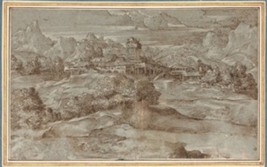 Attribué à Domenico Campagnola Padoue, 1484 - 1550 Paysage montagneux avec un village et un château