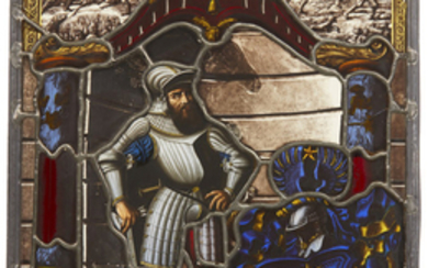 Bleiglasscheibe mit Ritter und Wappendarstellung