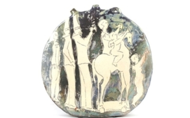 A contemporary studio pottery vase, decorated with horses...
