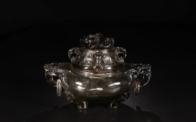 A CRYSTAL TRIPOT CENSER WITH BEAST HANDLERS