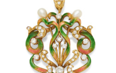An enamel, diamond, freshwater pearl and 14k gold pendant/brooch