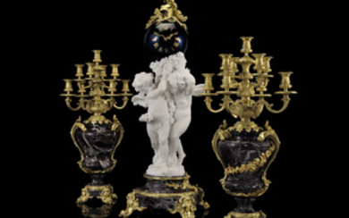 A FINE FRENCH ORMOLU, WHITE AND ROUGE MARBLE AND BLUE ENAMEL THREE-PIECE CLOCK GARNITURE, THE MARBLE GROUP BY AUGUSTE MOREAU (FRENCH, 1834-1917), PARIS, LATE 19TH CENTURY