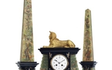 A FRENCH EGYPTIAN REVIVAL ORMOLU, BLACK MARBLE AND ONYX THREE-PIECE CLOCK GARNITURE, LATE 19TH/EARLY 20TH CENTURY