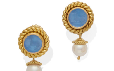 A pair of glass intaglio, cultured pearl and 18k gold day/night earrings,, Elizabeth Locke