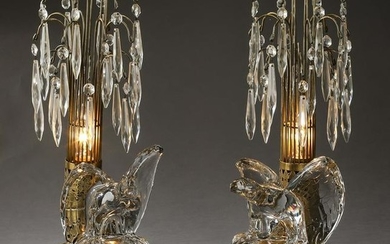 Pair of glowing crystal eagle table lamps, 18"h