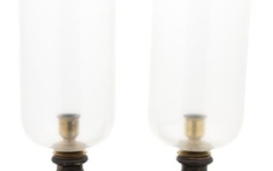 A Pair of Hurricane Lamps on Faux Marbles Bases